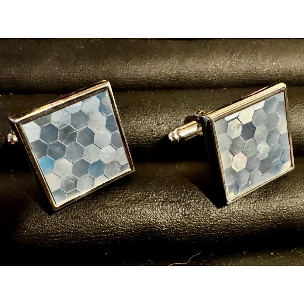Silver Tone Honeycomb Inlaid Cufflinks 17mm Ocean Blue Grey Mens Square Coastal